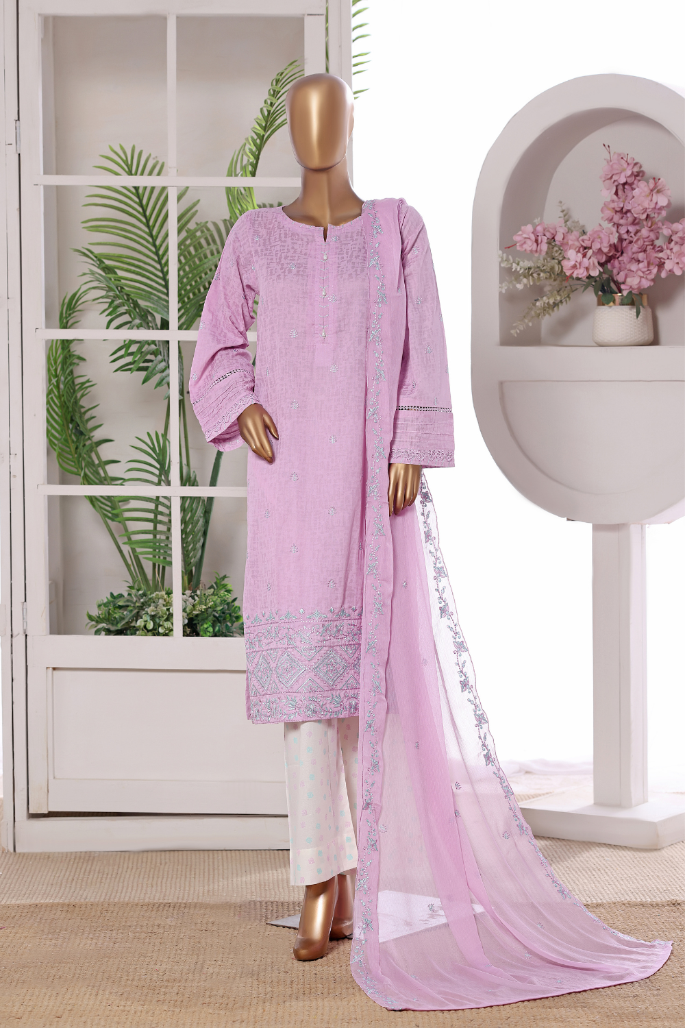 Pink Rose Cotton 3Pc Embroidered Dress