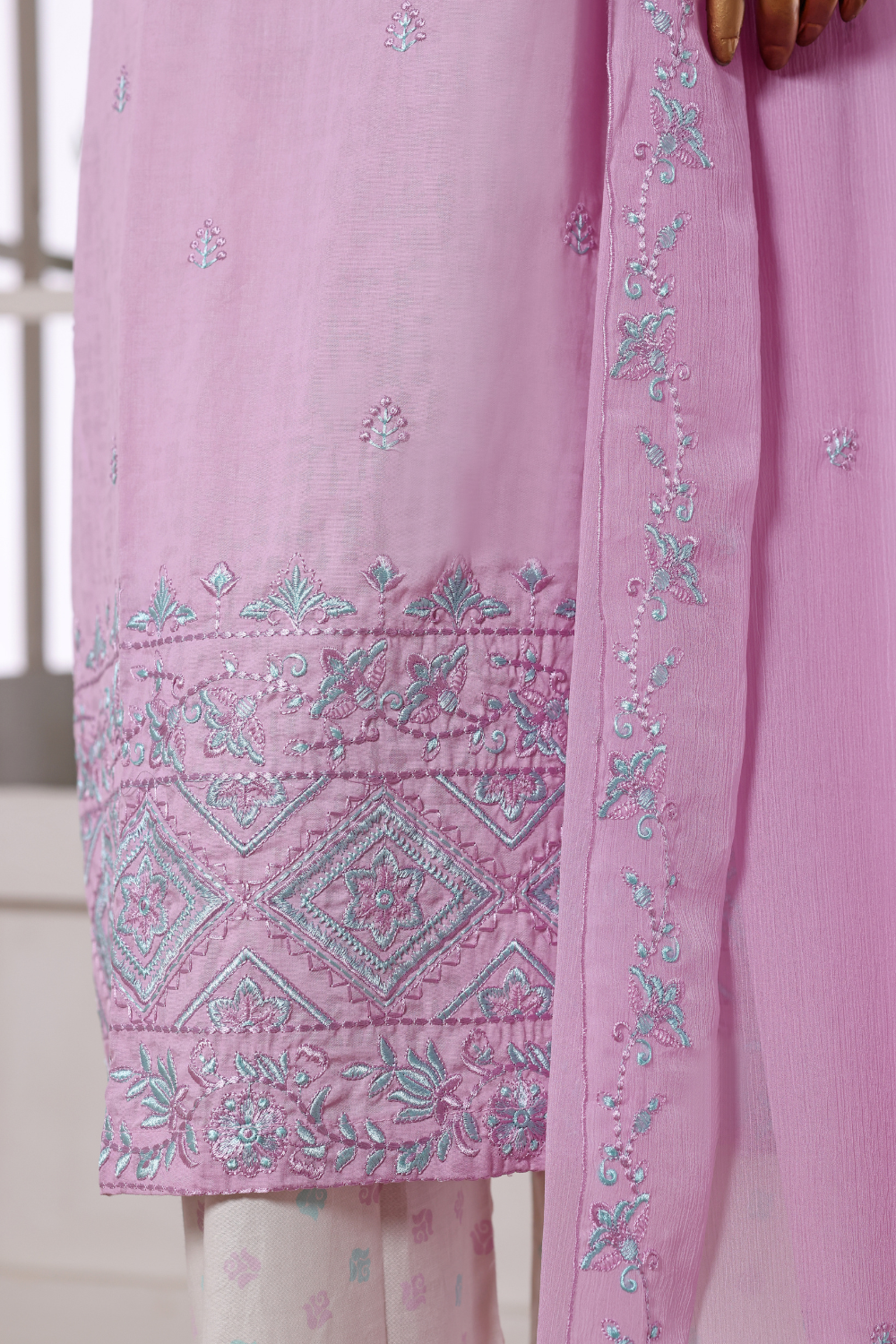 Pink Rose Cotton 3Pc Embroidered Dress