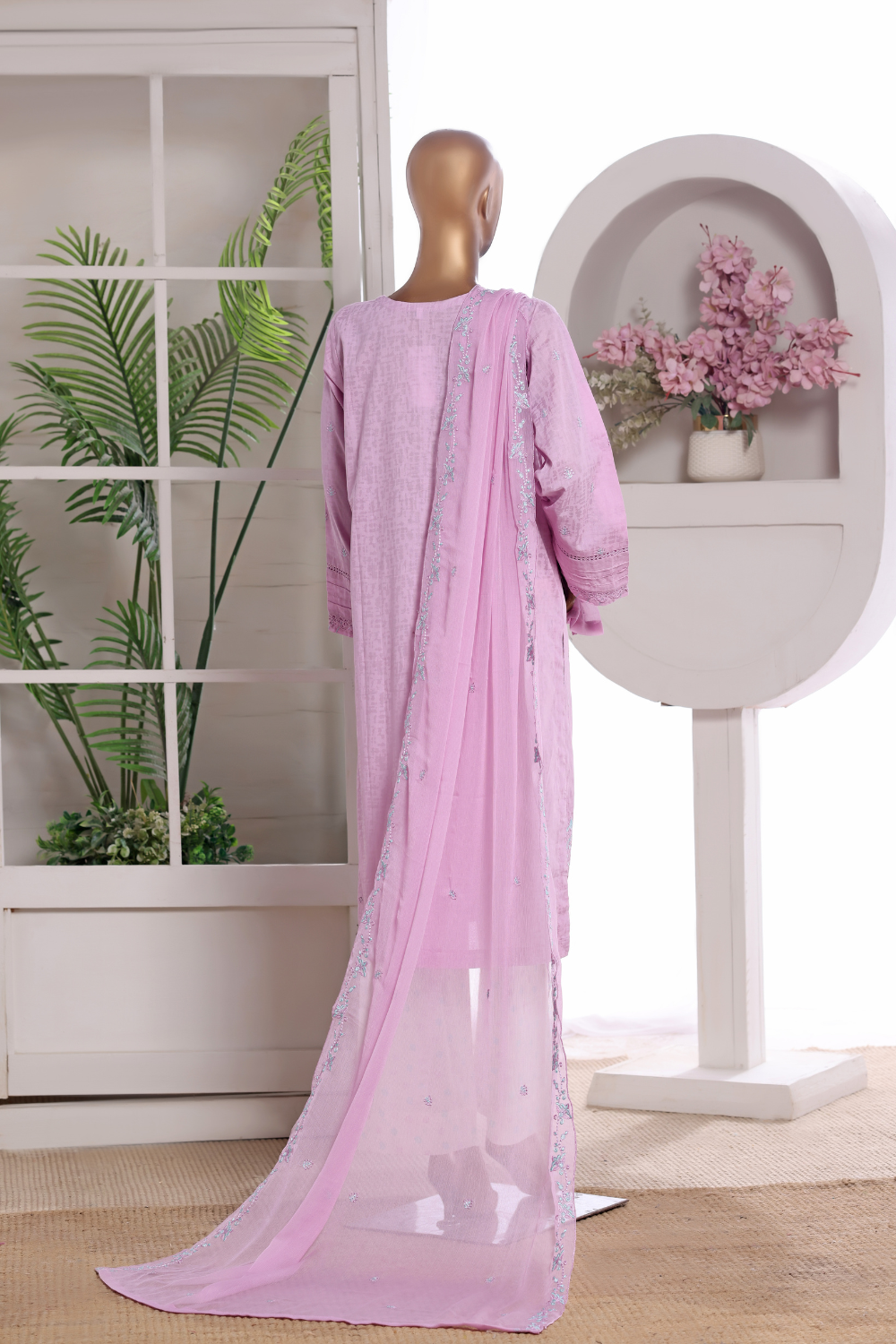 Pink Rose Cotton 3Pc Embroidered Dress