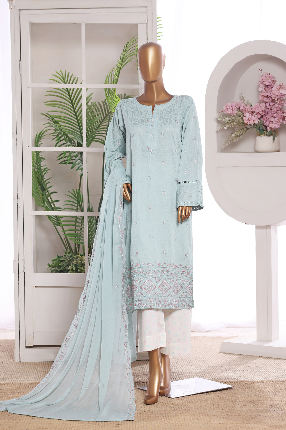Pink Rose Cotton 3Pc Embroidered Dress