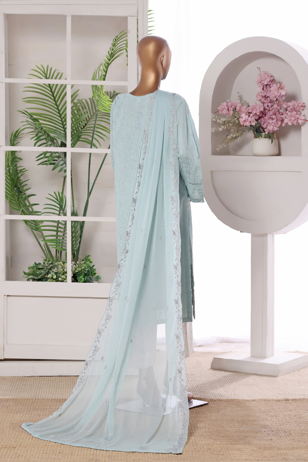 Pink Rose Cotton 3Pc Embroidered Dress
